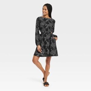 Balloon Long Sleeve Mini A-Line Dress - Black Floral XS